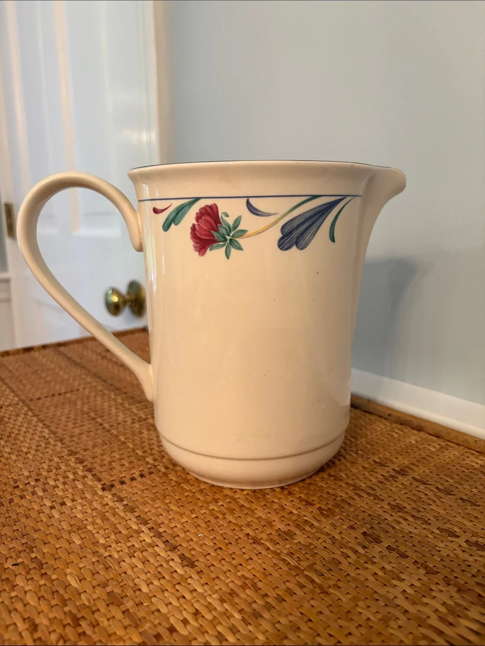 1980s Lenox ChinaStone Poppies on Blue Pitcher, Discontinued, Made in USA